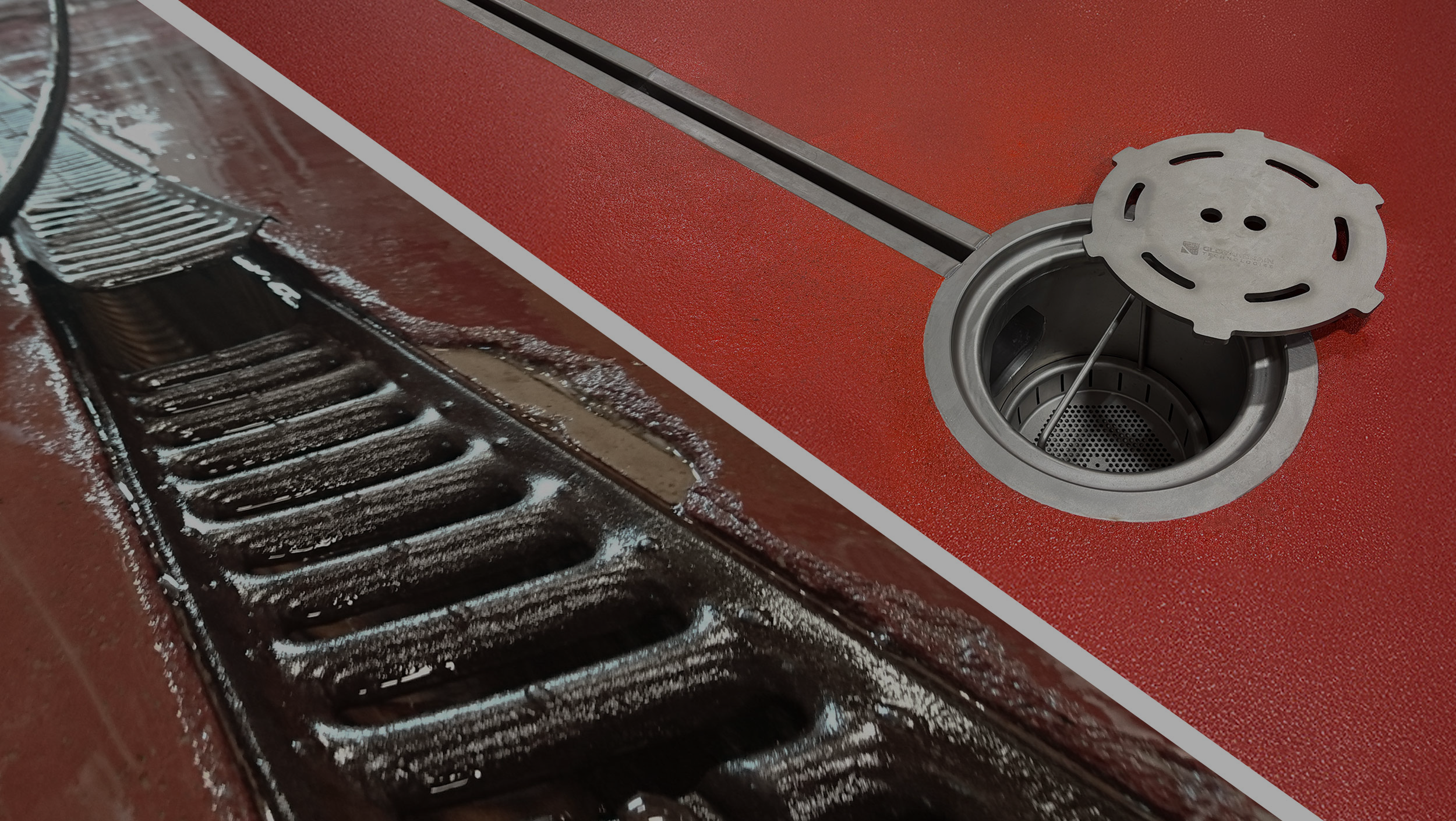 Cracked trench drain next to hygienic slot drain and catch basin