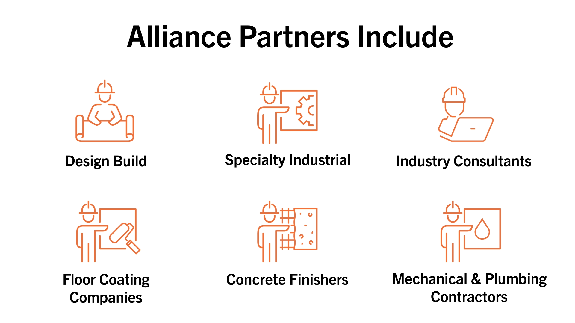 Allaince PArtners Include: Design Build, Specialty Industrial, Industry Consultants, Floor Coating Companies, Concrete Finishers, Mechanical and Plumbing Contractors